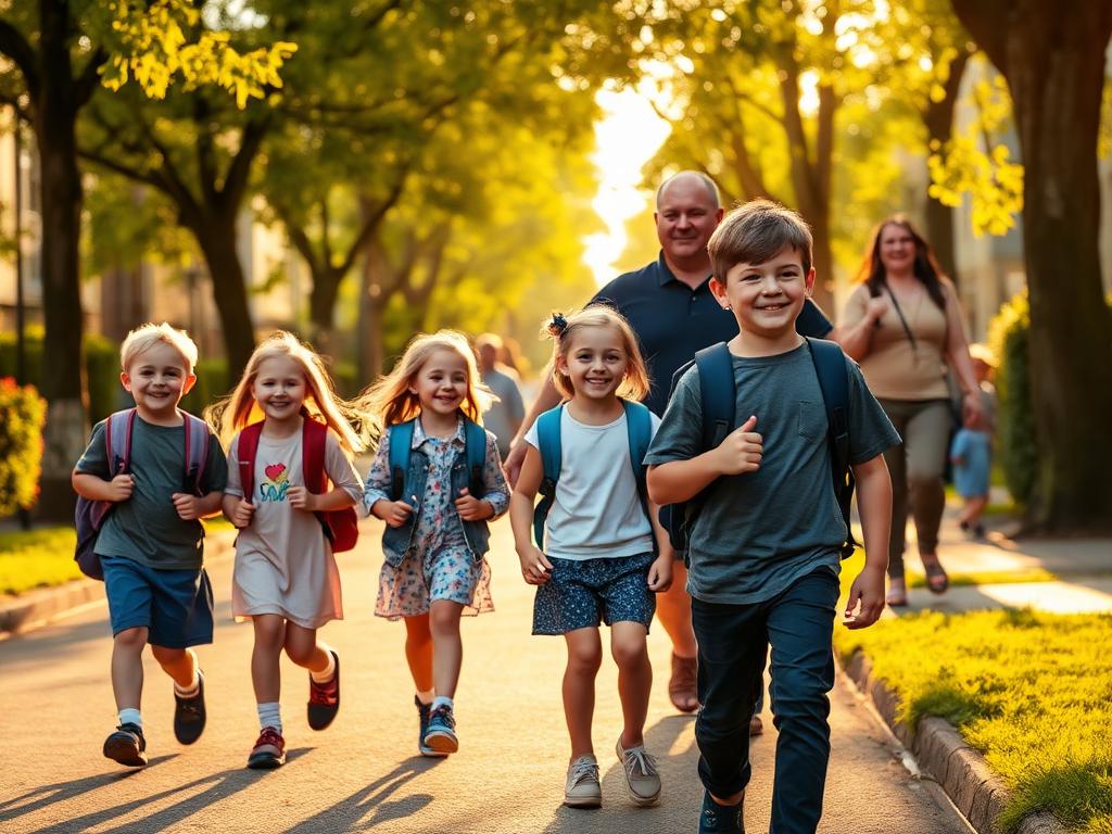 Children walking together along a tree-lined Hilversum street