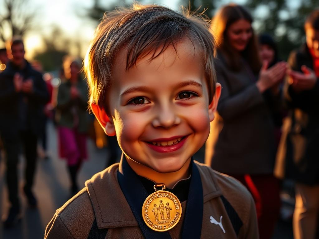 A young walker proudly wearing their finisher's medal